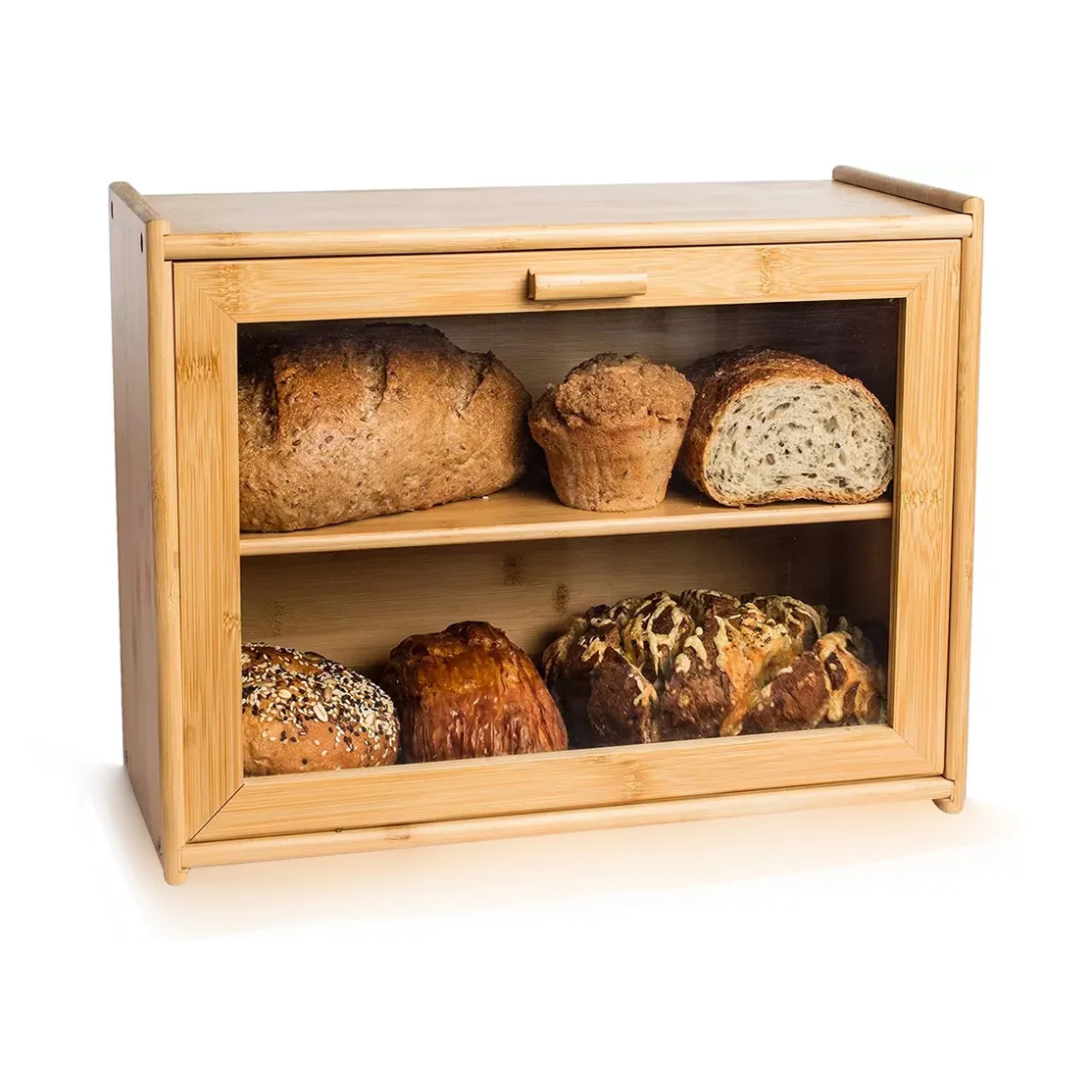 2023 Bamboo Bread Box Extra Large Container Double Layer Kitchen Use Bread Storage Box Wood Bread Boxes with Cutting Board