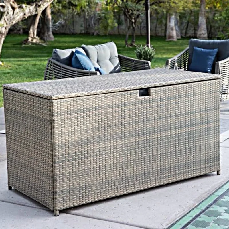 Wicker Storage Bin Metal Frame Rattan Deck Box For Indoor Or Outdoor Garden Organizer With Wheel