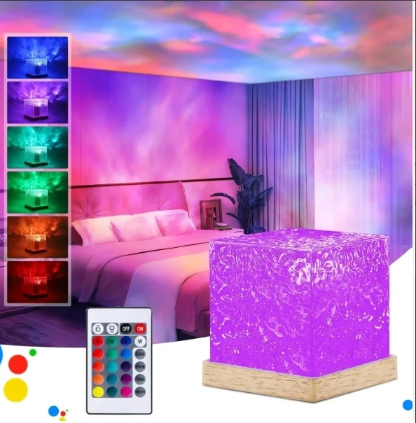 Aurora Borealis Wood Atmosphere Internet Celebrity Rotating Water Wave Pattern light Flame Nightlight Desktop Small Table Lamp