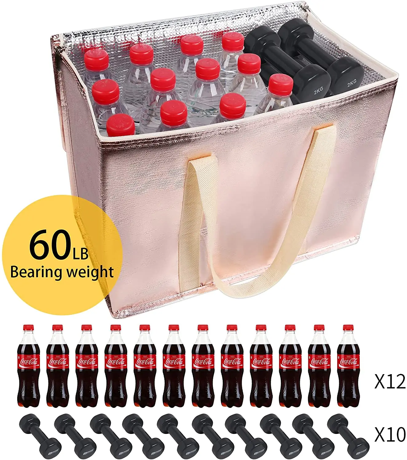 Insulated Reusable Grocery Bag with Zippered Top, XL Large, Frozen Foods Cold, Cooler Shopping