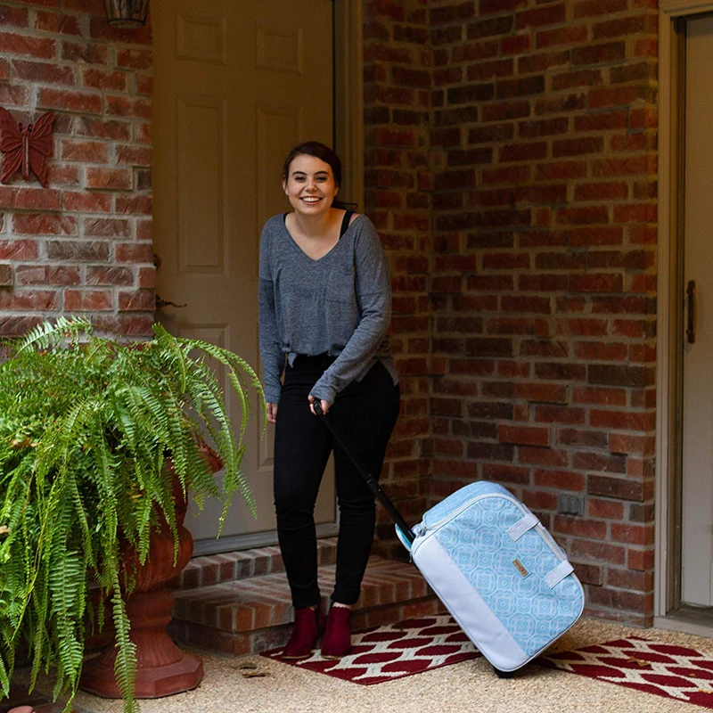 Light Blue Collapsible Rolling Sewing Machine Tote Case Sewing Bag with Wheels