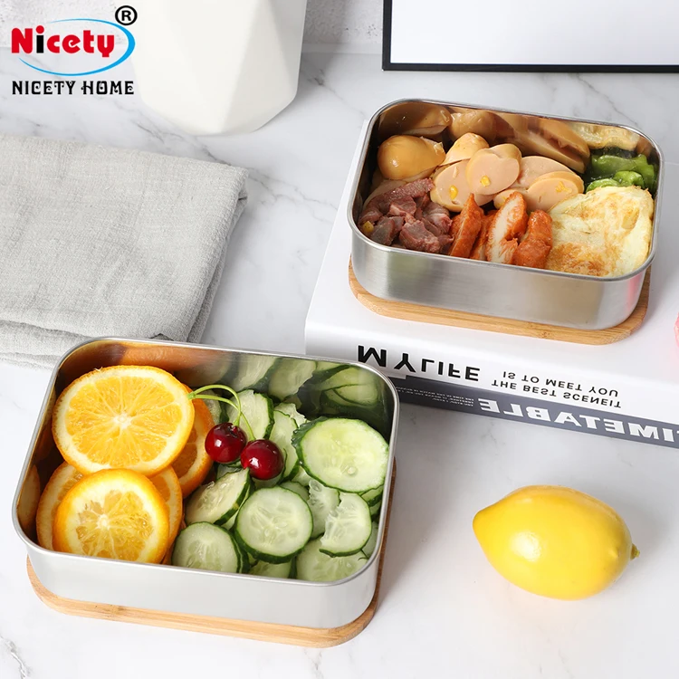 stainless steel 304 bento lunch box bamboo lid food storage container with removal divider for adults Japanese kids