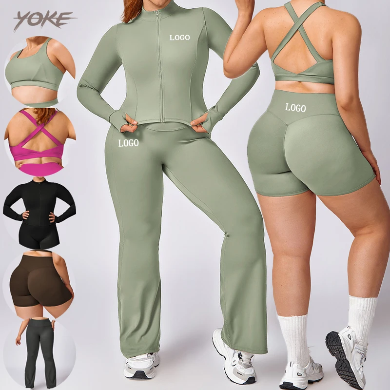 Yoke Custom Gym Fitness Long Sleeve Knit Seamless Pink Yoga Sports Bra Shorts Pants Plus Size Workout Clothing Sets for Women