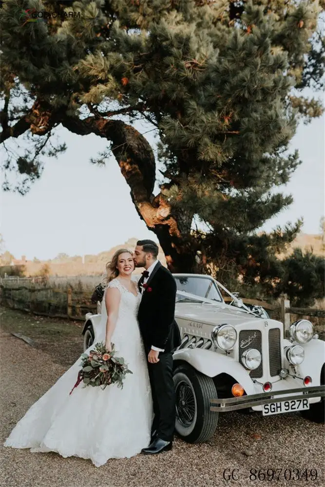 S-86970349  Wholesale Elegant lace applique v-neck white sheer short sleeve wedding dress weeding gown