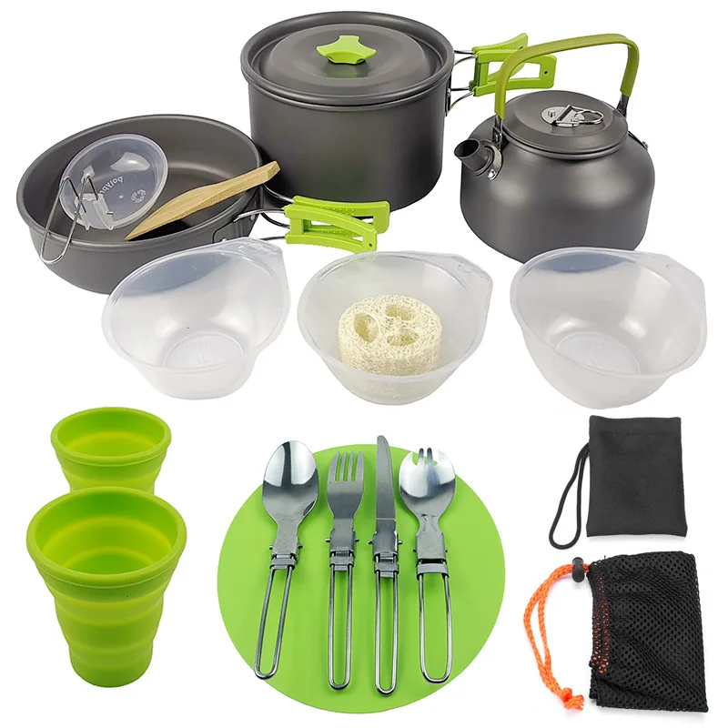Hiking Picnic Camping Cookware Set Outdoor Aluminum Cooking Set Water Kettle Pan Pot Tourism Travelling BBQ Tableware Equipment