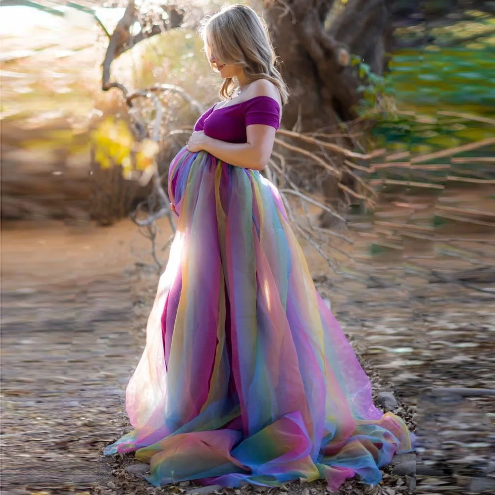 New Style Plus Size Rainbow Tulle Evening Robes Maternity Pregnancy Fancy Maxi Off Shoulder Cotton Gown Dress For Photo Shooting