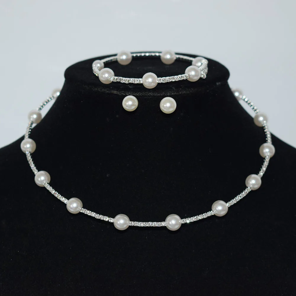 3pcs/Set Luxury Jewelry Set Full Diamond Multiplayer Necklace Women Bling Earrings Pearl Bracelet Bridal Wedding Fashion Jewelry