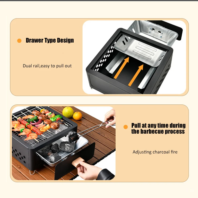 Portable Square Camping Barbecue Grill With Drawer Type Charcoal Brazier