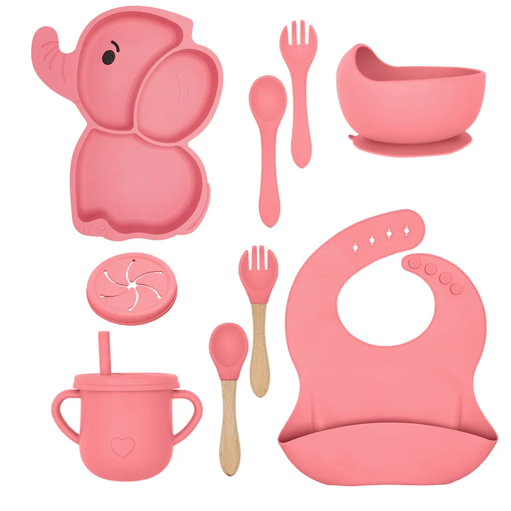 KK34 Elephant Adjustable Silicone Bib Snack Cup 10 Piece Baby Feeding Set Baby Tableware Set Toddler Plate & Bowl with Suction