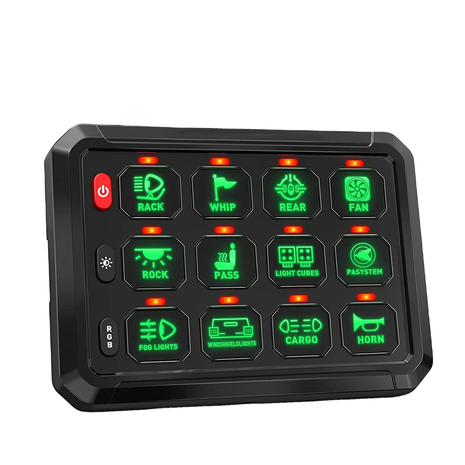 RGB 12 Gang Switch Panel, Multifunction Auxiliary Switch Pod Momentary Strobe Circuit Control Box