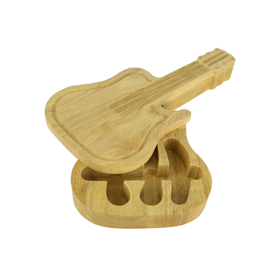 Custom Guitar Shape Cheese Board Set and Knife Set Rubber Wood Charcuterie Cutting Board Food Serving Chopping Block