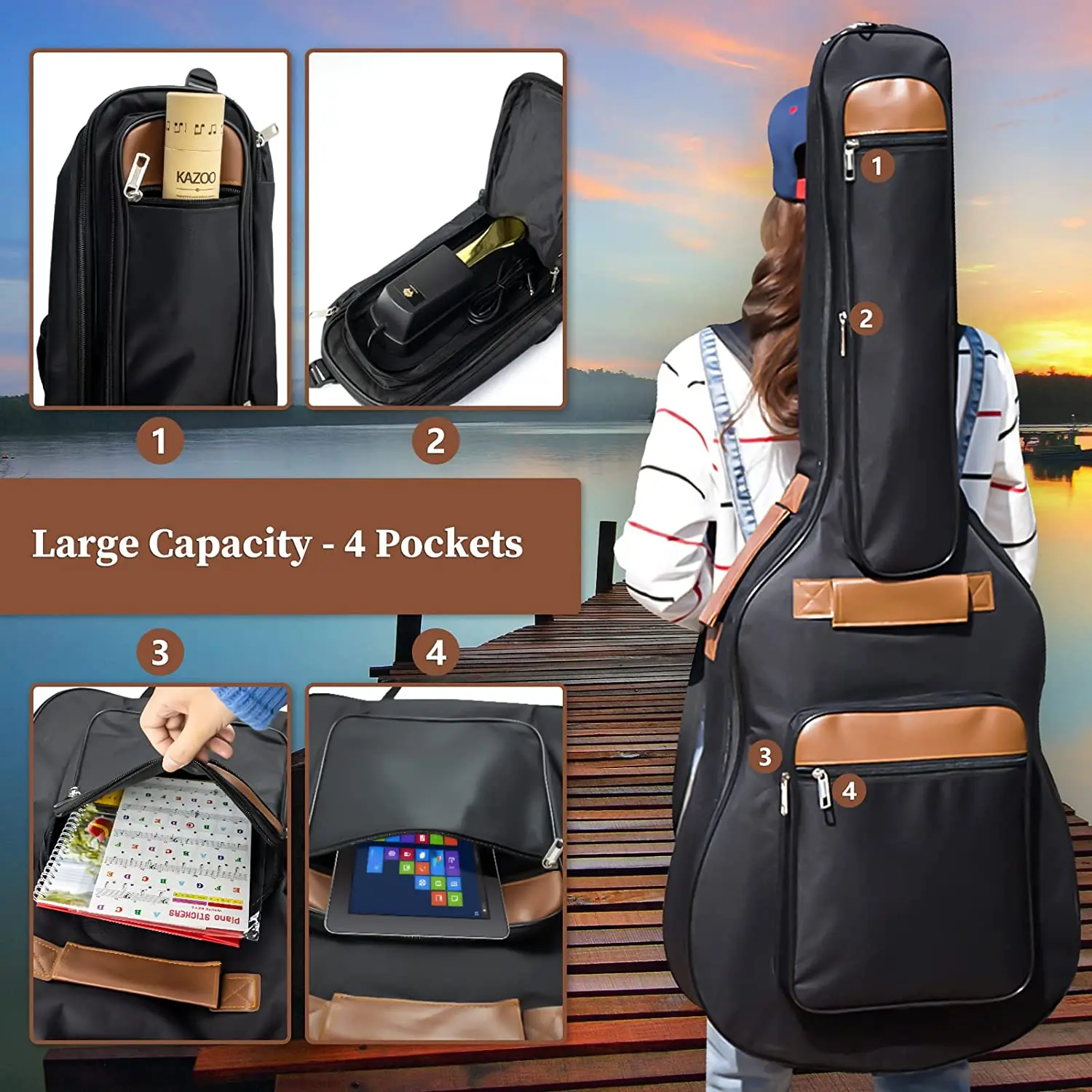 FREE SAMPLE Black 10mm Extra Thick Padded 41 Inch Acoustic Guitar Case Classical Guitar Gig Bag Black