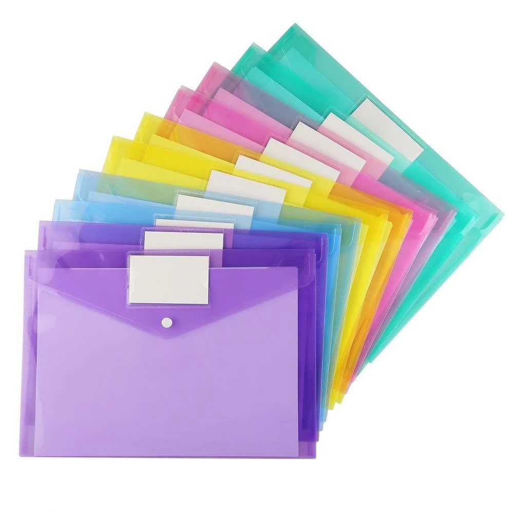 PVC Letter A4 size Plastic File Envelopes with Label Pocket And Button Colorful Clear PP Document Bag For Home Office Organizer