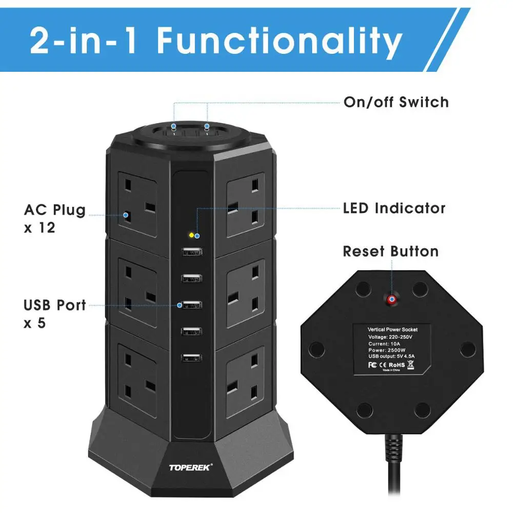 UK башня расширение Мульти Розетка 12 способ Защита от перенапряжения сетевой фильтр электрический водонагреватель с 5 портами USB для зарядки