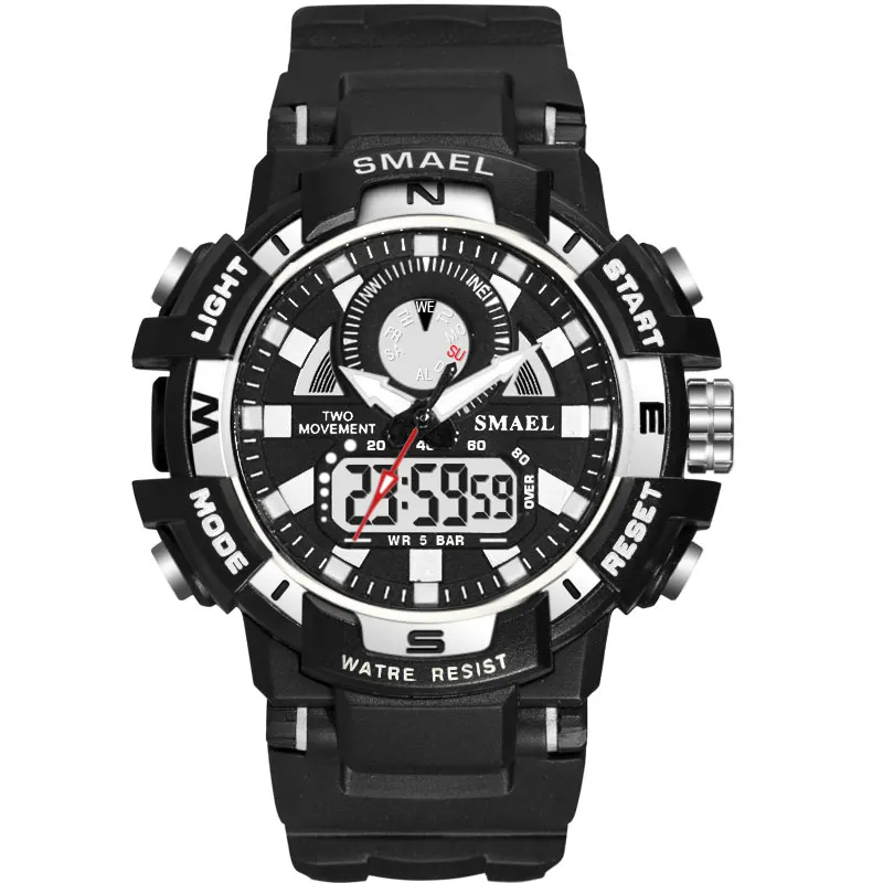 2019 Men Watch White Sport Watches SMAEL Dual Display Watches White Rubber Alarm 1557B Waterproof Watches relogio masculino