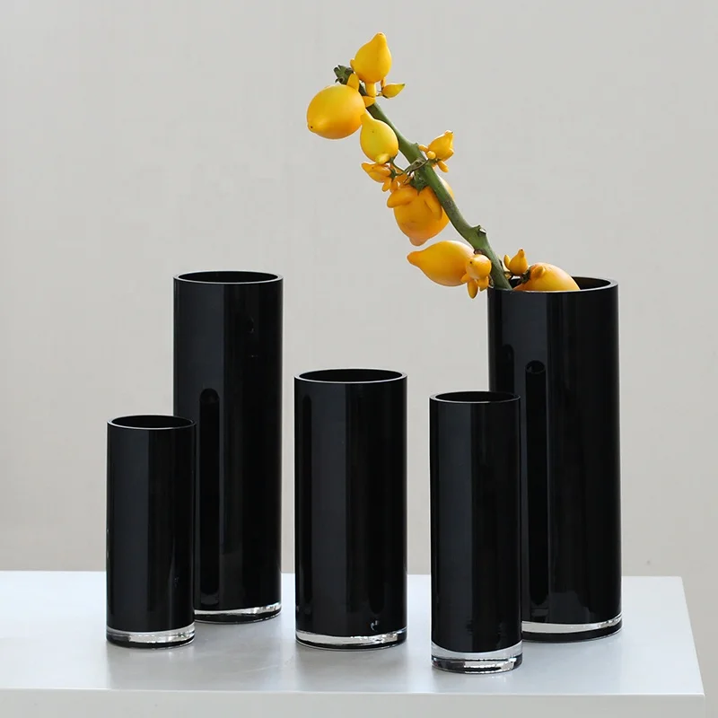 Bixuan Handblown Glass Vase Home Decor Table Centerpieces Modern Wedding Flower Arrangement Cylinder Black Color Glass Vases