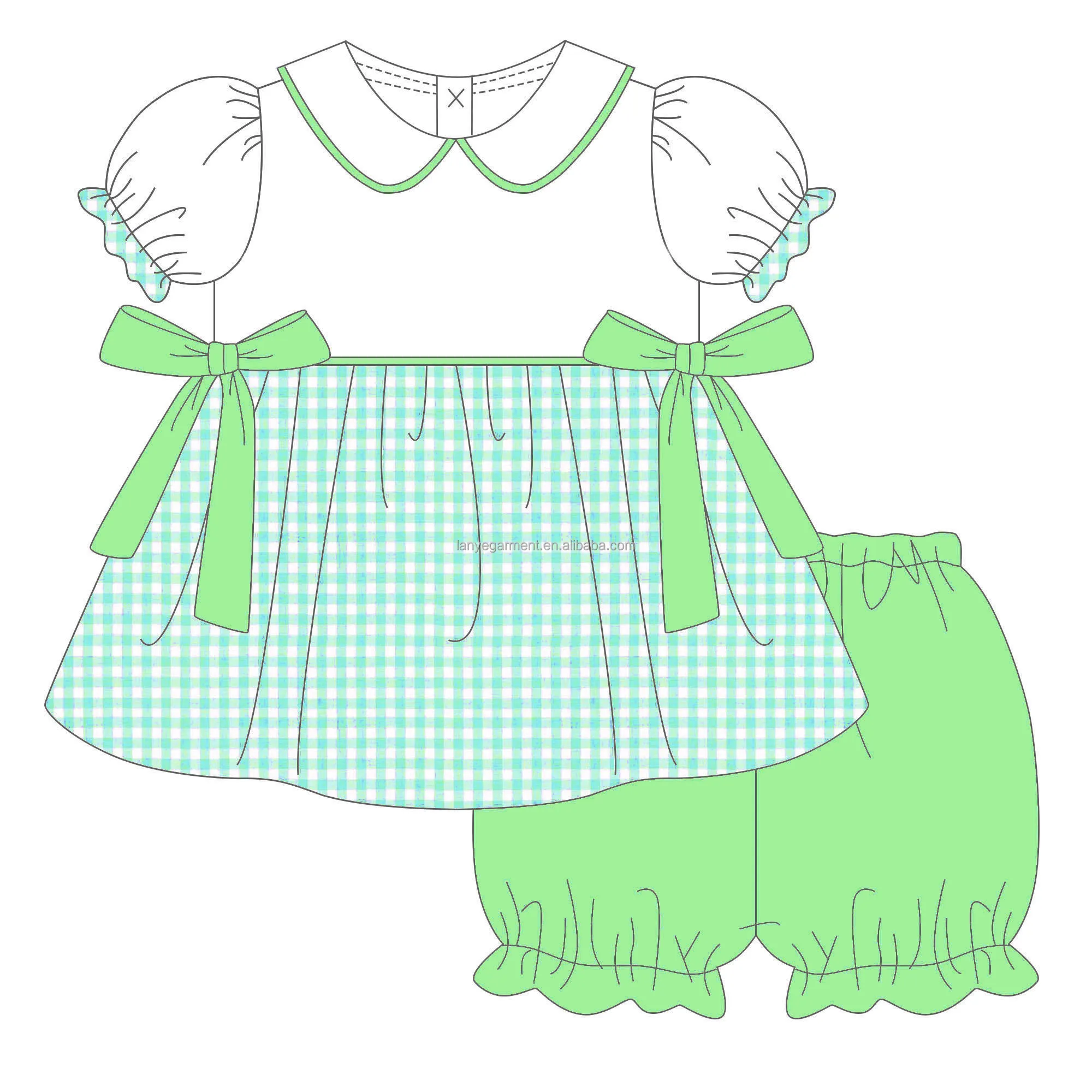 Bubble sleeve bow woven plaid doll collar strip children s boutique clothing baby clothing sets baby girls