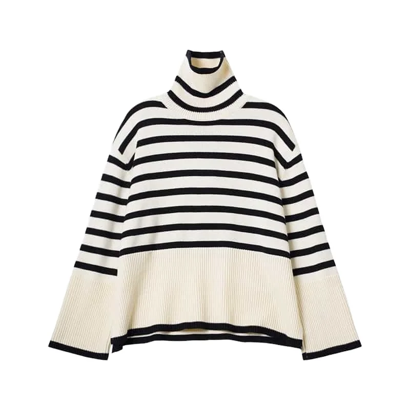 Индивидуальный логотип OEM & ODM осень и зима высокое качество полосатый женский толстый высокий шеи с длинными рукавами Свободный вязаный свитер на заказ