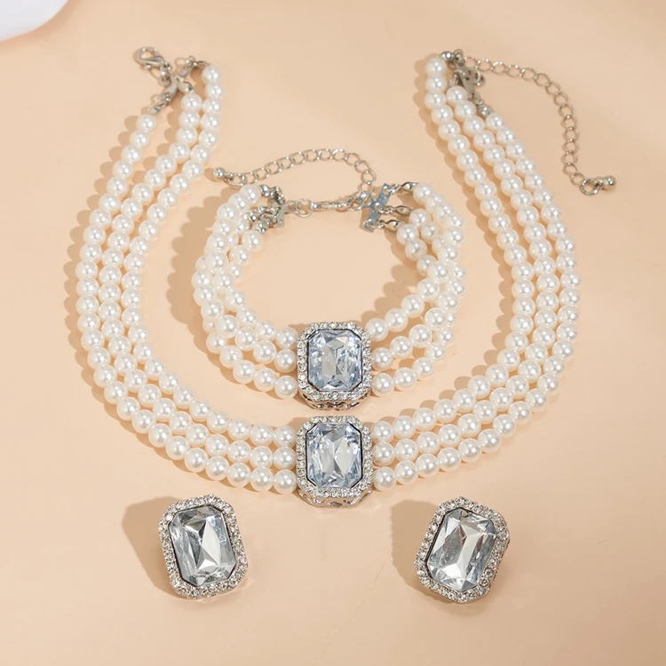 XR-166 Fashion Women Ear Hand Neck Jewelry  Bracelet Earrings And Necklace Crystal Diamond Pearl Jewelry Kit