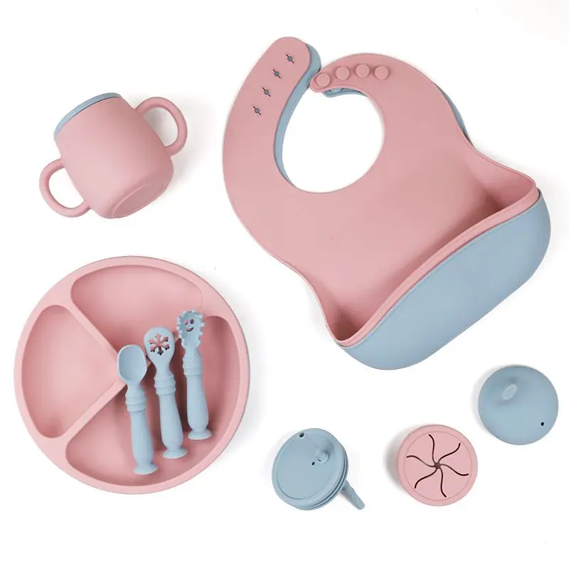 New Baby Gift Sets BPA Free Printed Logo Wholesale Training Tableware Babi Plate Bowl Bibs Products Silicone Baby Feeding Set