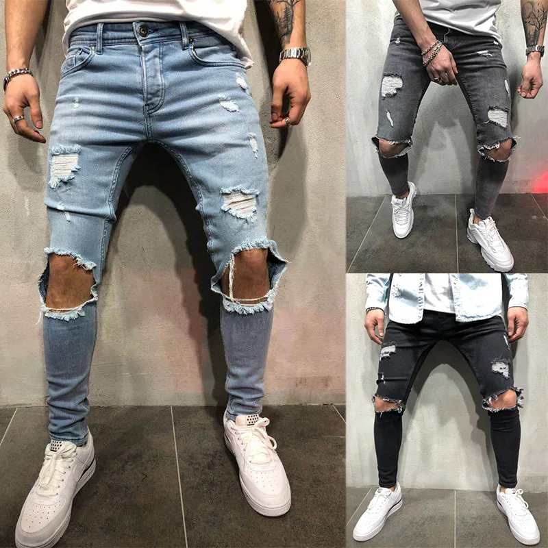 large size fashion men ripped jeans denim trousers destroyed hole pants stretch slim elastic soild color jeans