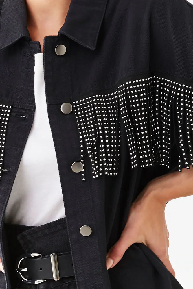 Fringe Trim Vintage Washed Denim Jacket