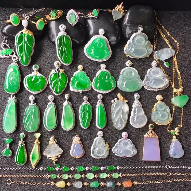 Certified Grade A Jadeite A Guanyin Buddha 18K Inlaid Ice  Sun Green