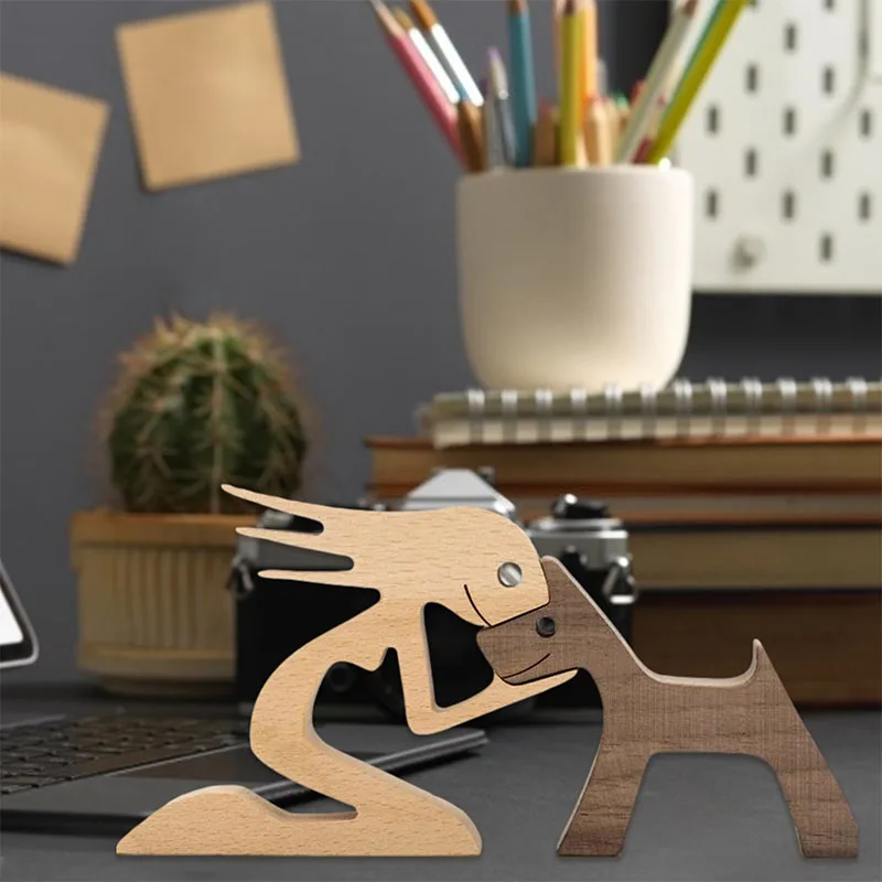 Family Puppy Wood Dog Craft Figurine Desktop Table Ornament Carving Model Creative Home Office Decoration Love Pet Sculpture