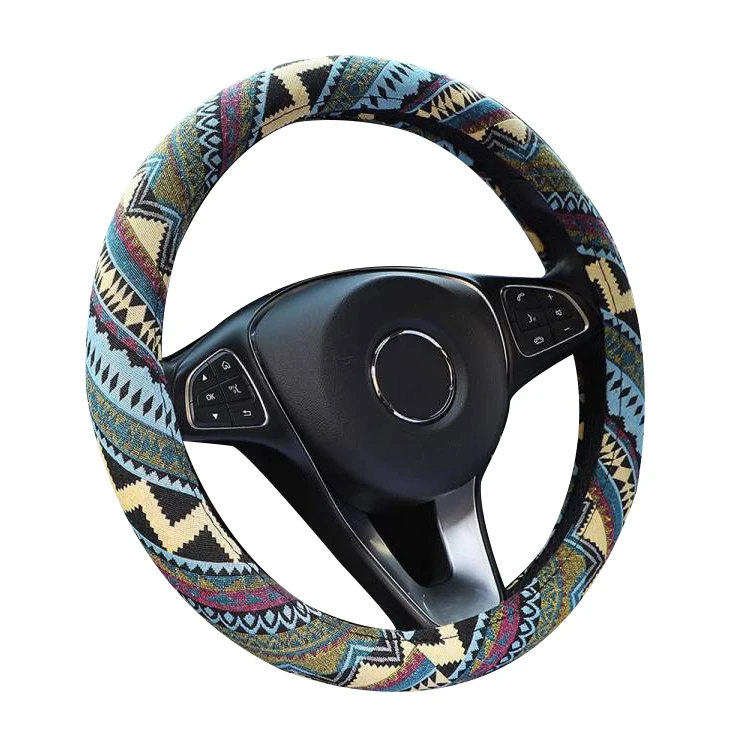 15 inch Baja Blanket Car Steering Wheel Cover for Women Boho Breathable Automotive Ethnic Style Coarse Flax Cloth
