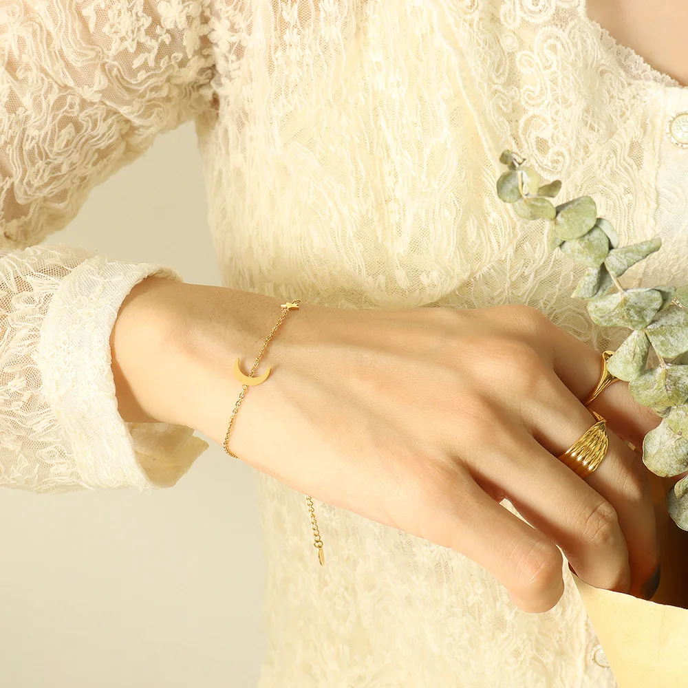 18K Gold Plated Stainless Steel Jewelry Set Star & Moon Charm Bracelets Necklace