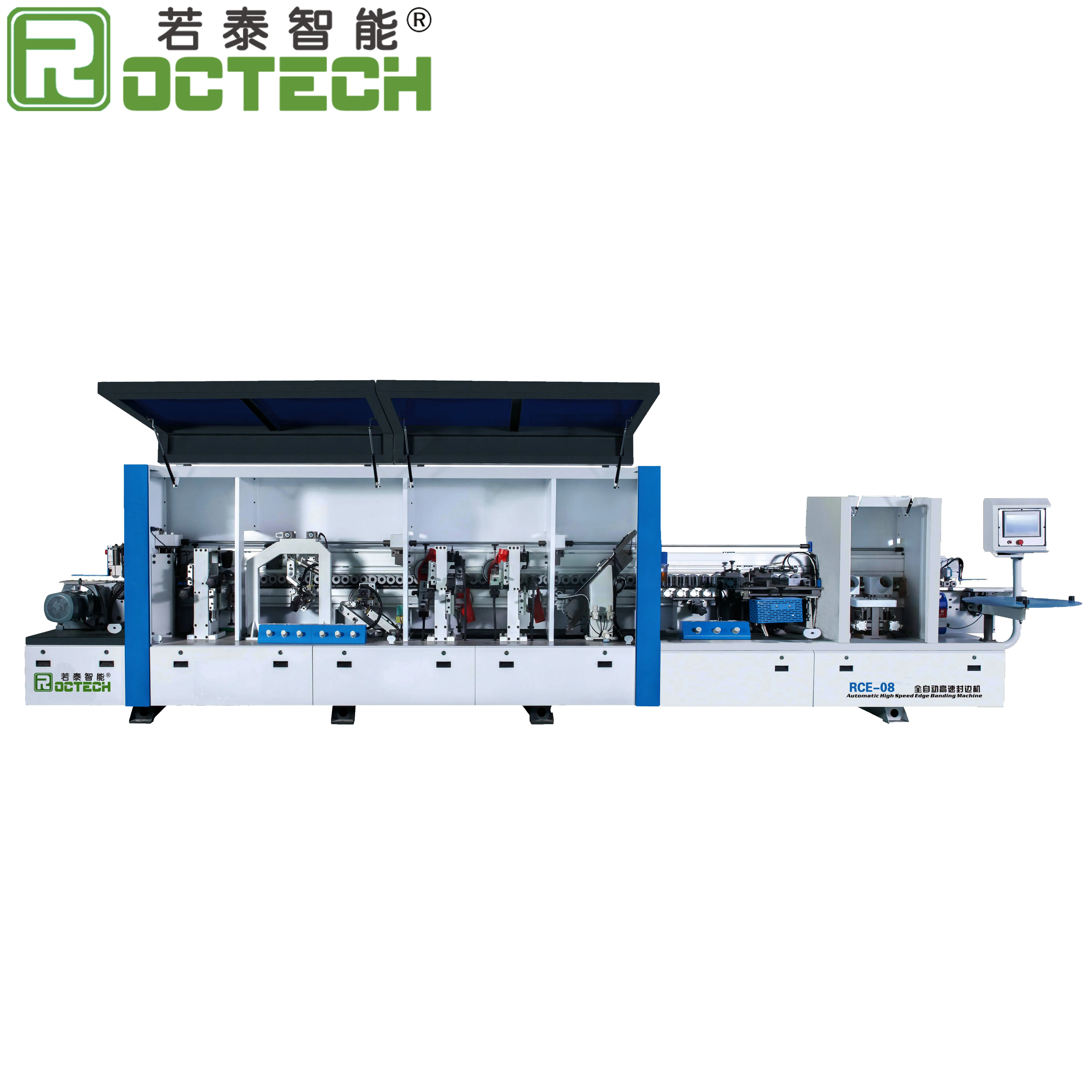Good quality automatic linear edge banding machine RC-E08 for wood raw materials engraving from China Roctech  edge banders
