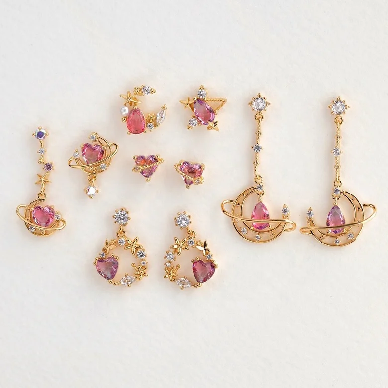 Korean Cute 18K Gold INS Pink Crystal Star Moon Flower Earring Exquisite Water Drop Zircon Stud Earrings Women Girls Jewelry