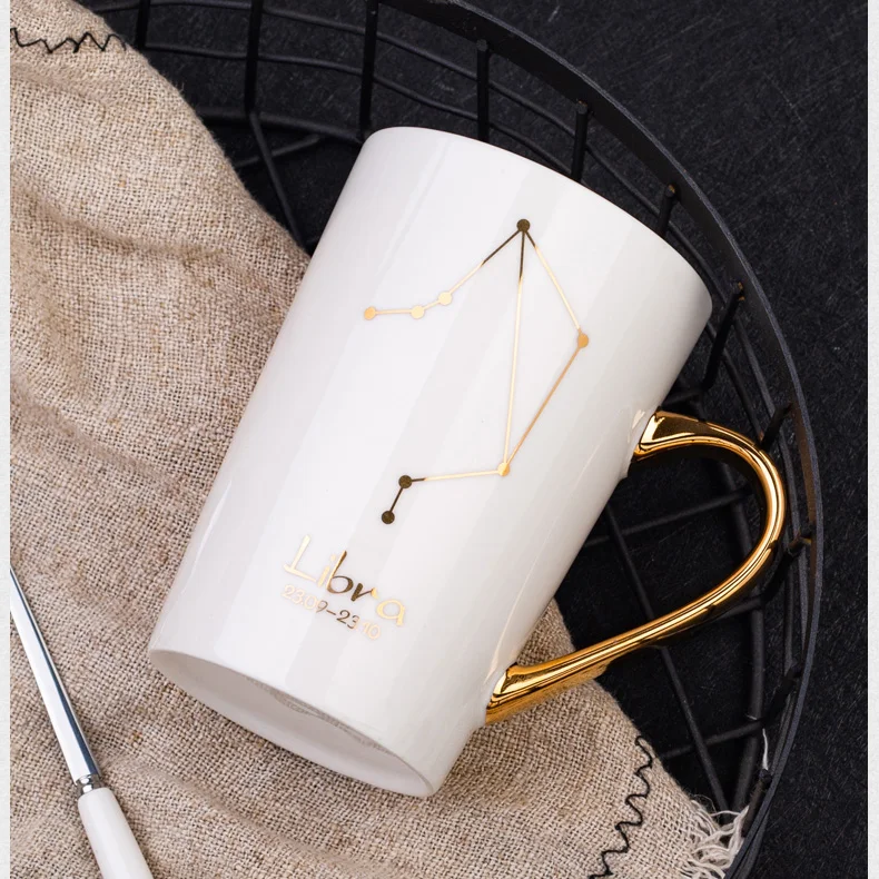 Cheap Price  White Black 12 Constellations Gold Pattern Ceramic Coffee Mug With Lid Spoon And Gold Handle For Souvenir
