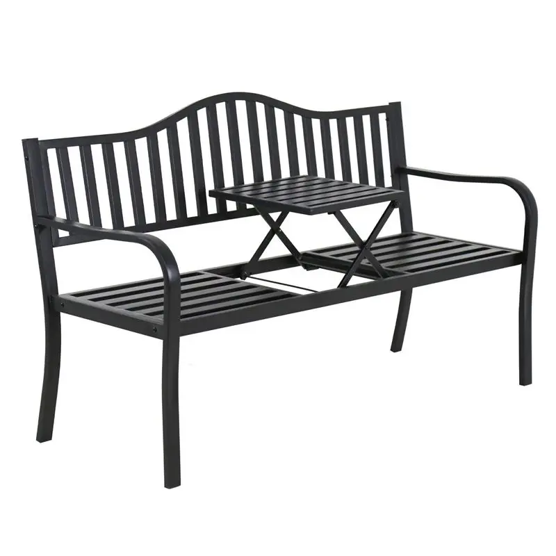 Outdoor Garden Bench with Pullout Middle Table, Double Seat Steel Metal for Patio, Porch, Backyard w/Weather- Resistant Frame
