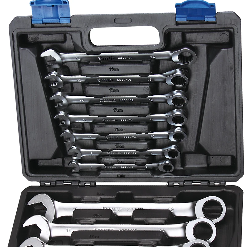 Durable plastic box packaging of 9pcs Chrome Vanadium ANSI standard Ratchet Ring 12pcs Set  & Open end wrench