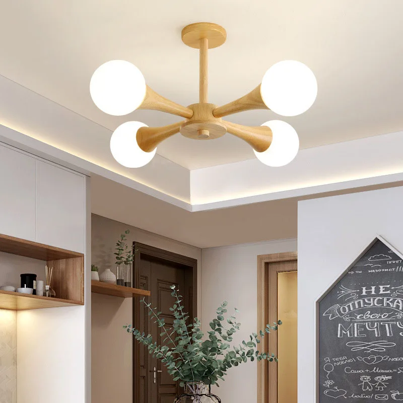 Nordic style Japanese wood color magic bean small living room bedroom lamp creative personality modern chandelier