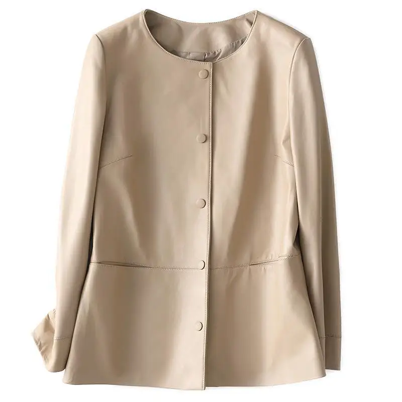 Spring women formal beige jacket coat leather genuine jacket for women beige