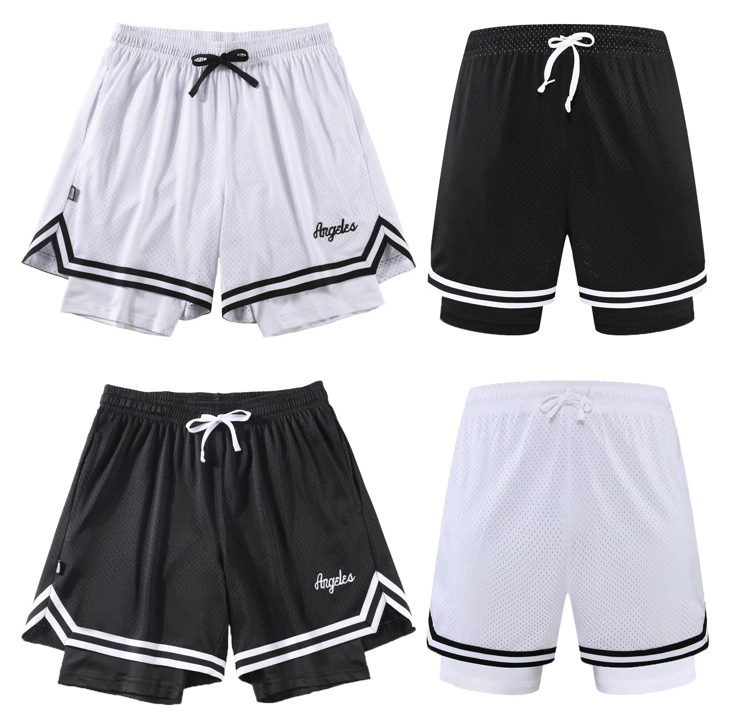 custom polyester double layer mesh embroidered basketball shorts plain elastic waist with pockets for men
