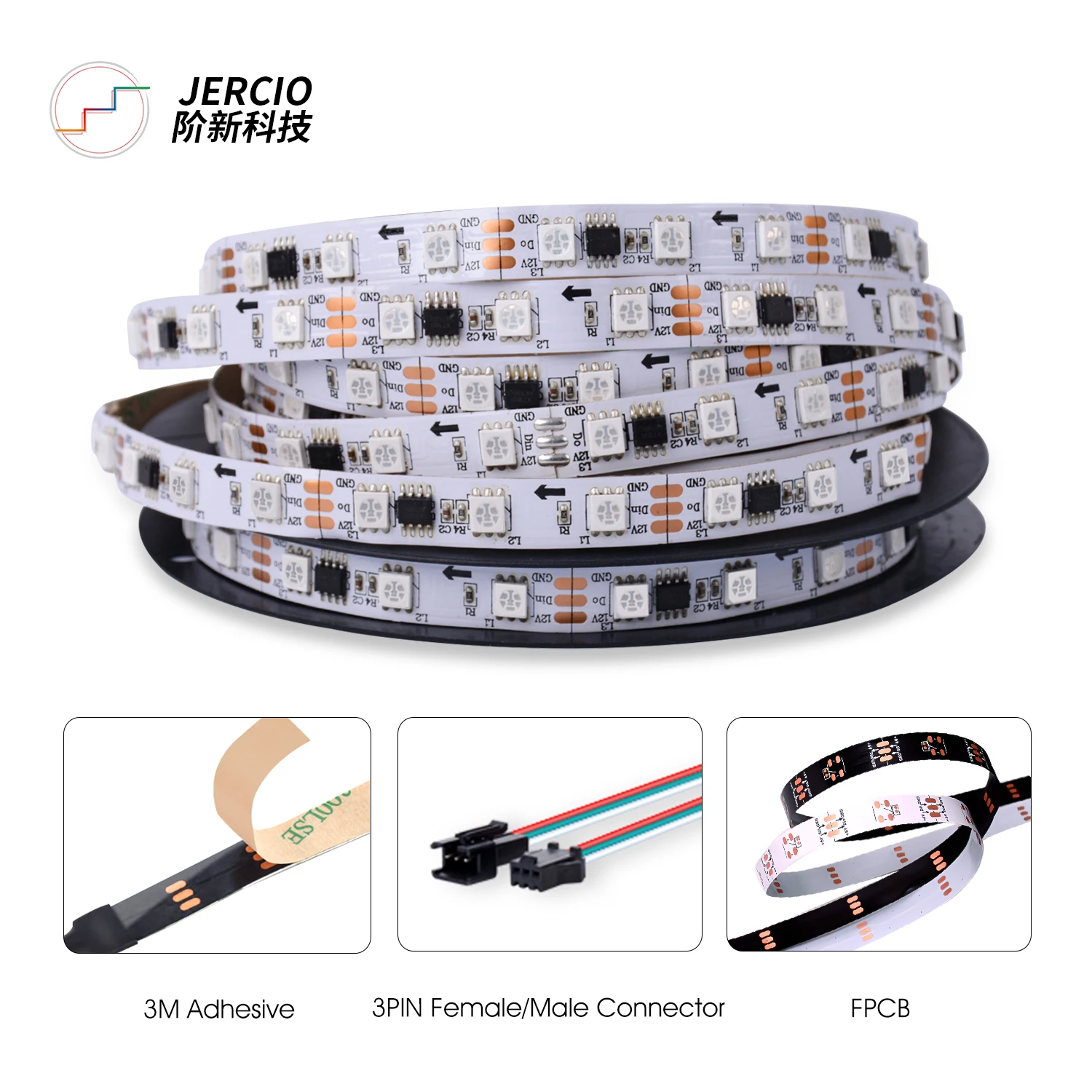 Jercio SM16703 / WS2811 / UCS1903 / XT1801 SMD5050 DC12V External IC RGB Flexible LED Strip 60leds/m for decorative Lighting