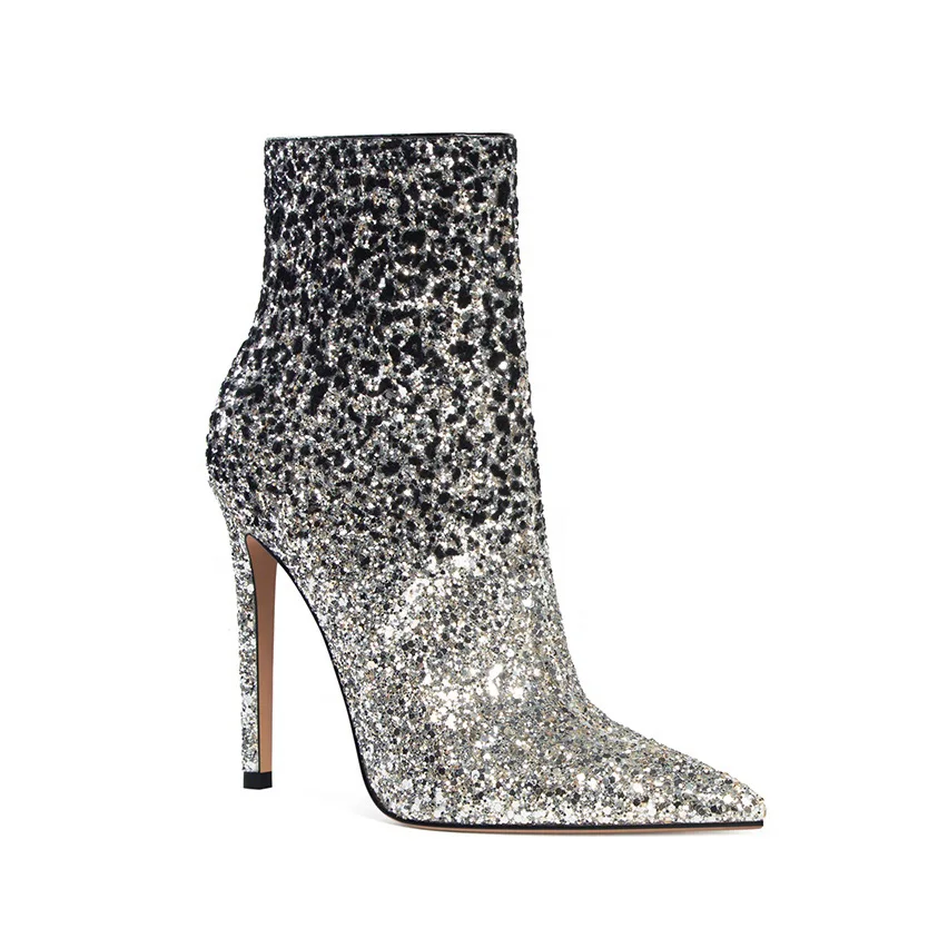 Оптовая продажа, блестящие тканевые блестящие Остроконечные Женские Вечерние туфли на высоком каблуке-шпильке с застежкой-молнией, женские ботильоны на высоком каблуке