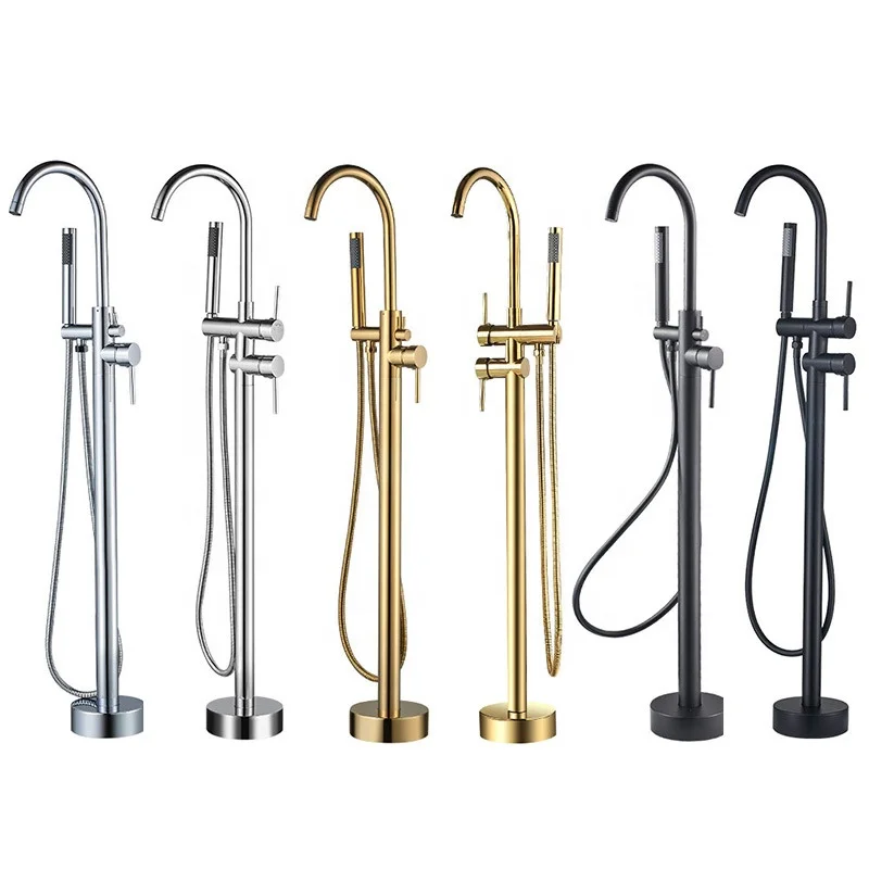 
American style floor type bathtub faucet golden hot and cold mixed water dual purpose vertical shower faucets set 