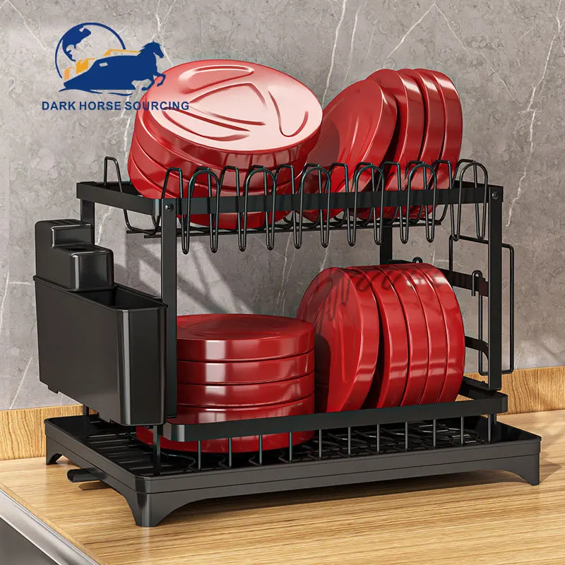 Household kitchen use Multifunction carbon steel Detachable 2 Tier Dish Drying drain Rack Water cup Storage Holder