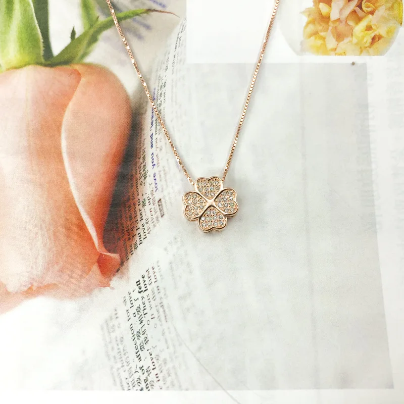 Nabest Good Lucky Fine Jewelry Chokers 925 Sterling Silver Pave Zirconia Four Leaf Clover Pendant Necklaces