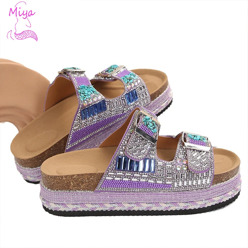 2024 Bohemia Double Buckle Strap Ethnic Diamond Surface Slippers Straw Thick Sole Platform Slippers Cork Sandals for Women