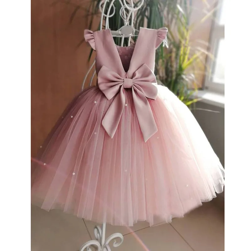 Ivy90316A Flowers girls princess dress high quality kids girls pink backless big bow birthday party dress design