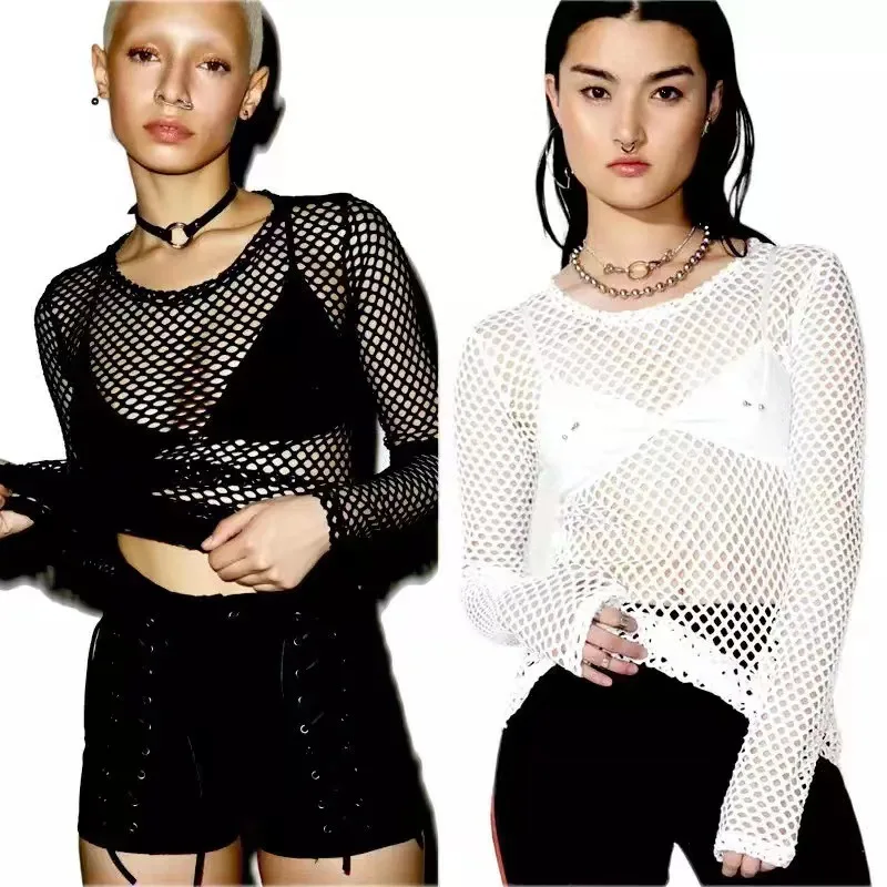 2022 Gothic Summer Streetwear Cover Up Blouse See Through Long Sleeve Hollow Out Ladies Mesh Shirt Fishnet Top Women T Shirts