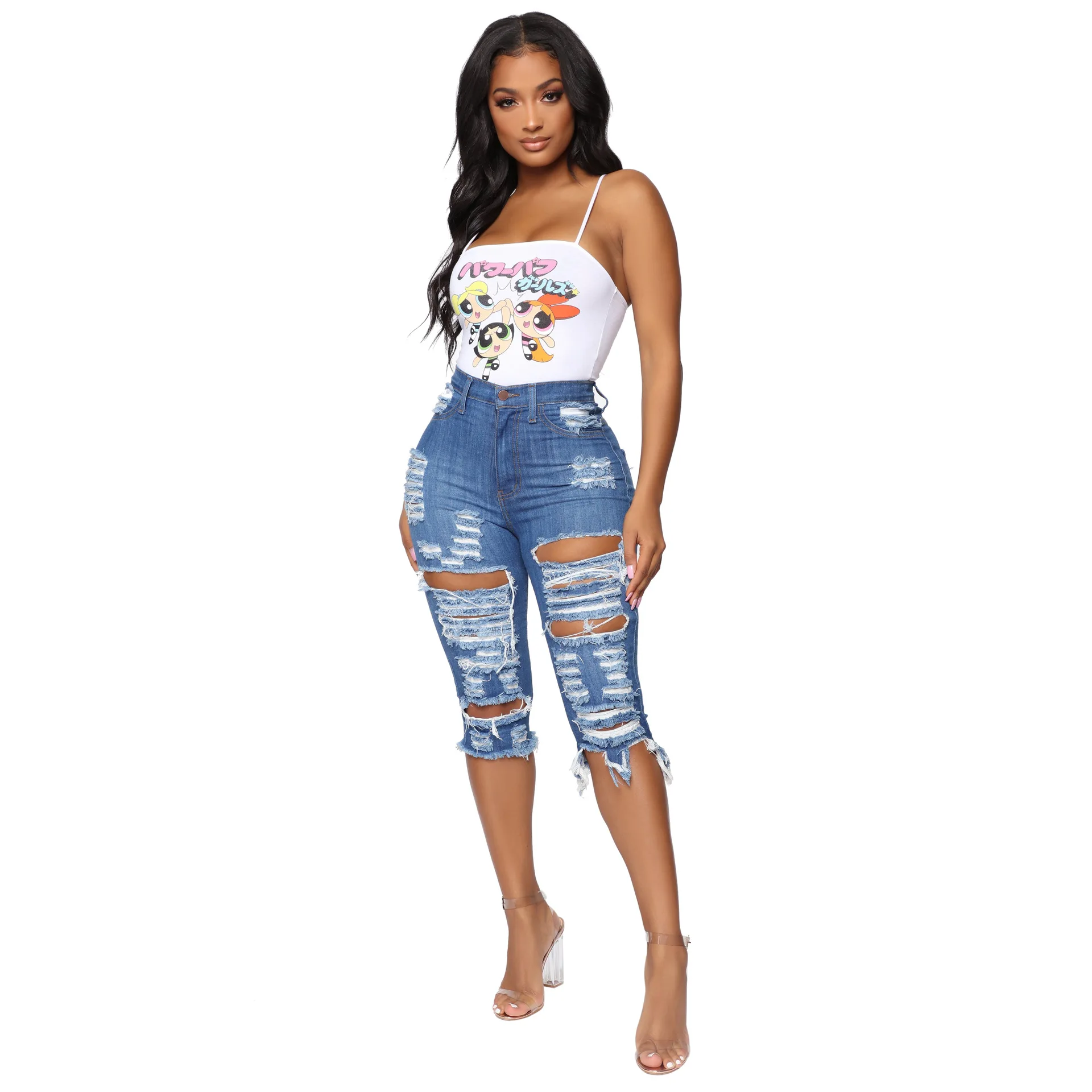 2022 New Trendy Women Above Knee Length Distressed Jeans Ripped Denim Short Jeans