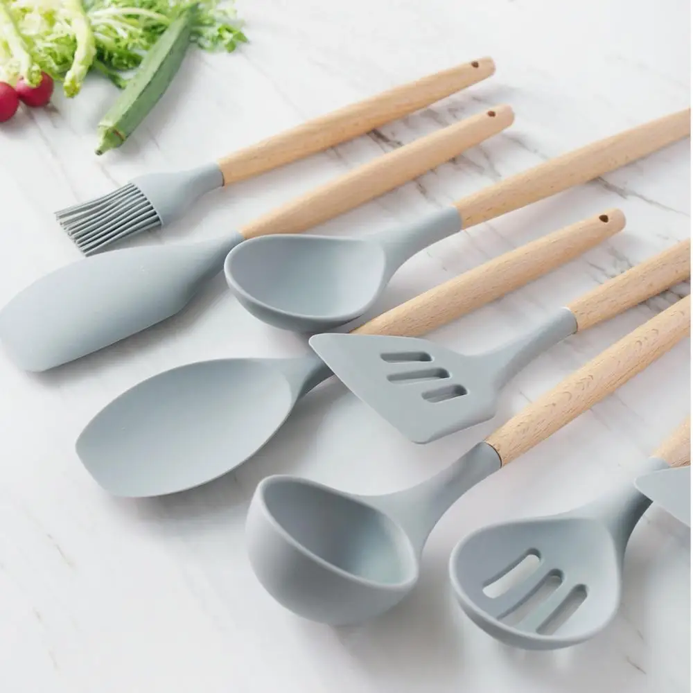 Wholesale heat resistant beech wood & silicone kitchen accessories spoon cooking spatula set with wooden handle printed