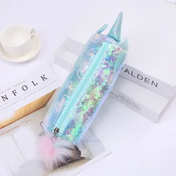 Student candy color sequin cartoon pencil case stationery storage bag laser plush pencil case wholesale