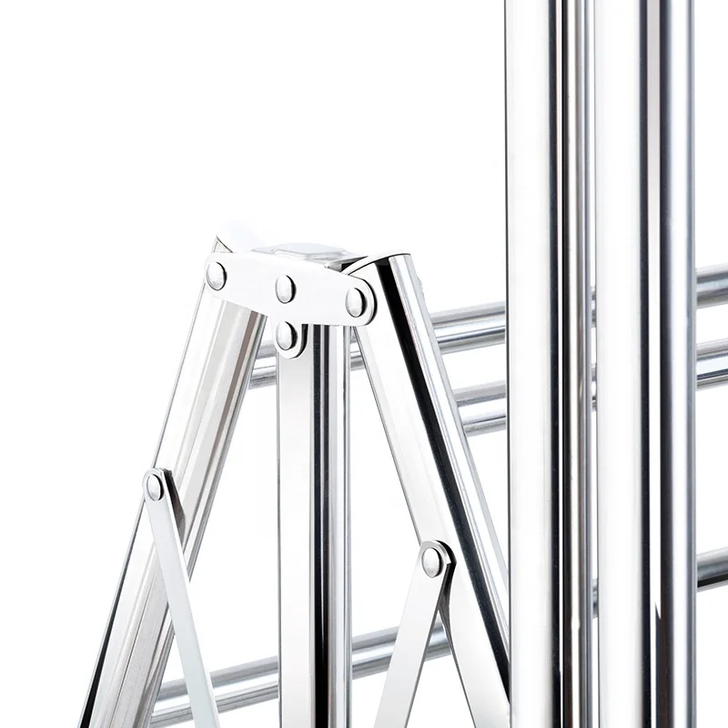 Free Of Installation Floor Standing Folding Stainless Steel Clothes Drying Pole Rack With Universal Wheels